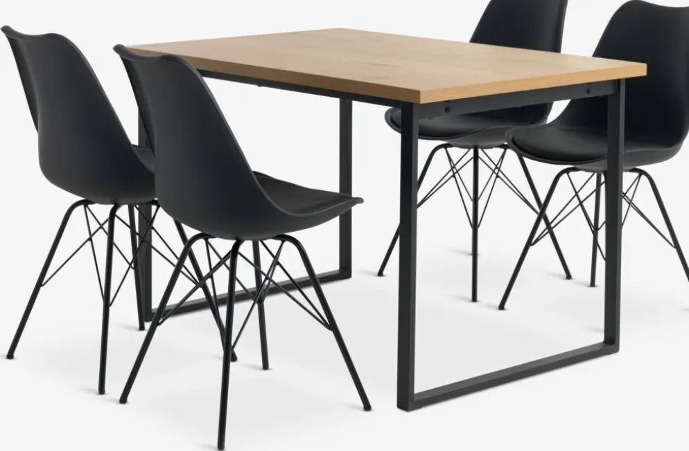 AABENRAA + KLARUPMesa AABENRAA L120 roble cálido + 4 sillas KLARUP negro