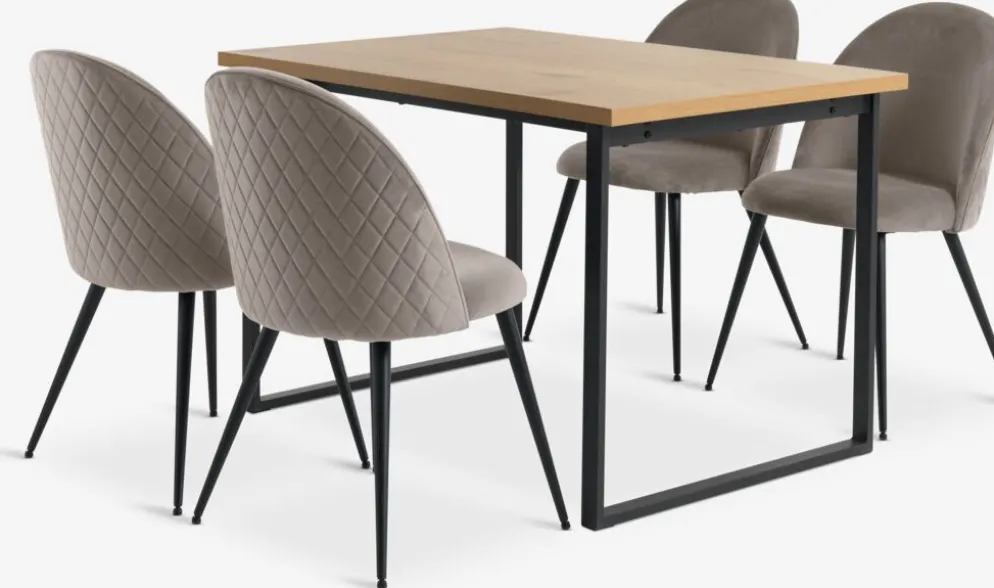 AABENRAA + KOKKEDALMesa AABENRAA L120 roble + 4 sillas KOKKEDAL terciopelo gris