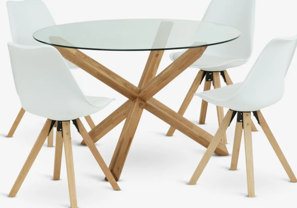AGERBY + BLOKHUSMesa AGERBY Ø119 roble natural + 4 sillas BLOKHUS blanco