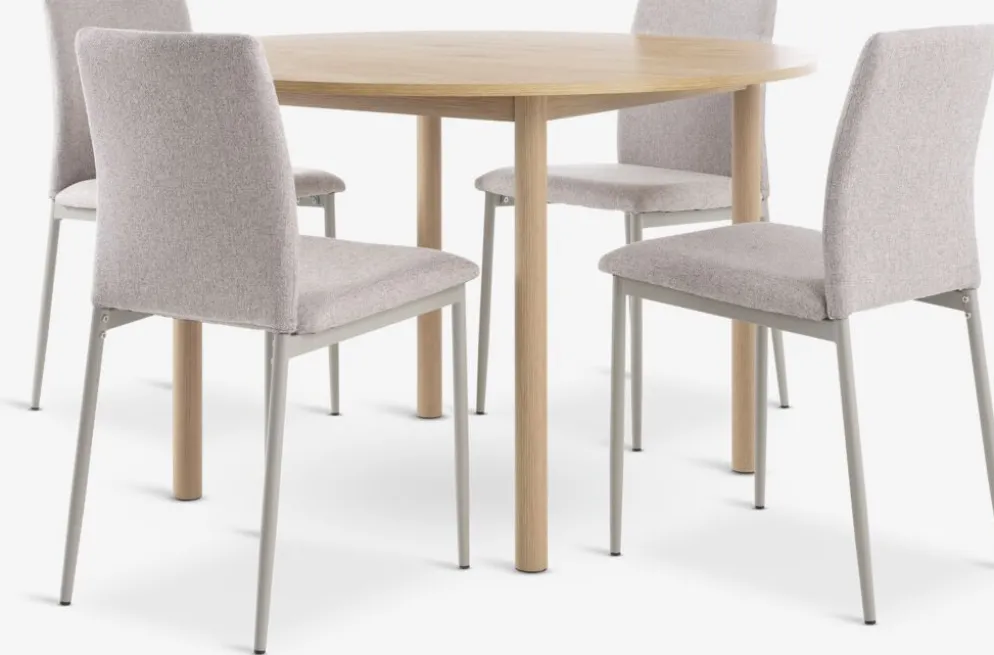 ALSTED + BRANDEMesa ALSTED Ø120 roble natural + 4 sillas BRANDE beis