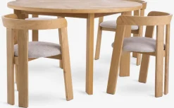 HARESKOV + BOVRUPMesa HARESKOV Ø129 roble natural + 4 sillas BOVRUP roble