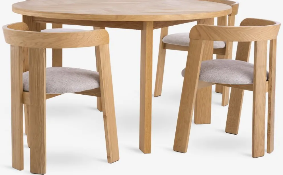 HARESKOV + BOVRUPMesa HARESKOV Ø129 roble natural + 4 sillas BOVRUP roble