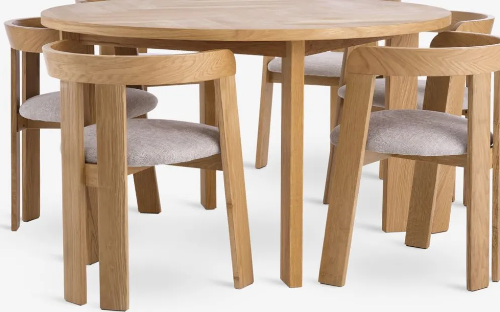 HARESKOV + BOVRUPMesa HARESKOV Ø129 roble natural + 4 sillas BOVRUP roble