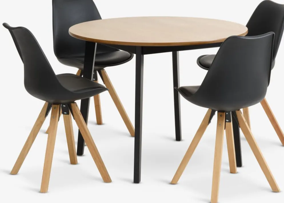 JEGIND + BLOKHUSMesa JEGIND Ø105 roble natural + 4 sillas BLOKHUS negro