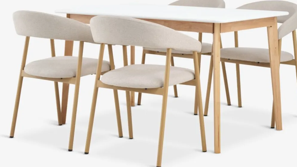 JEGIND + EJSINGMesa JEGIND L130 blanco + 4 sillas EJSING beis/roble natural