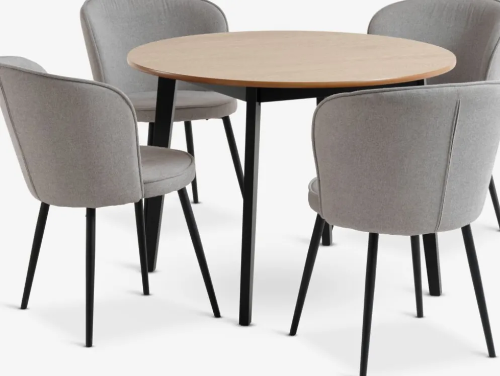 JEGIND + RISSKOVMesa JEGIND Ø105 roble/negro + 4 sillas RISSKOV gris claro