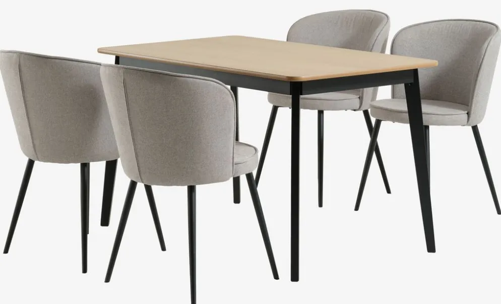 JEGIND + RISSKOVMesa JEGIND L130 roble/negro + 4 sillas RISSKOV gris claro