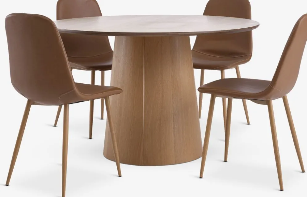 KLIPLEV + JONSTRUPMesa KLIPLEV Ø120 roble natural + 4 sillas JONSTRUP marrón