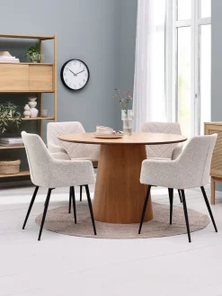 KLIPLEV + PURHUSMesa KLIPLEV Ø120 roble natural+4 sillas PURHUS blanco crudo