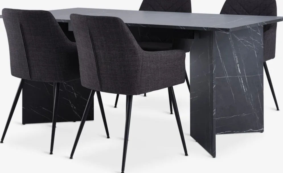 KRONDAL + PURHUSMesa KRONDAL L180 mármol + 4 sillas PURHUS gris/negro