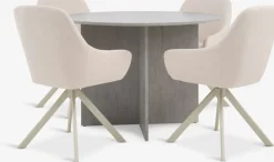 KRONDAL + ROSTRUPMesa KRONDAL Ø110 travertino + 4 sillas ROSTRUP beis