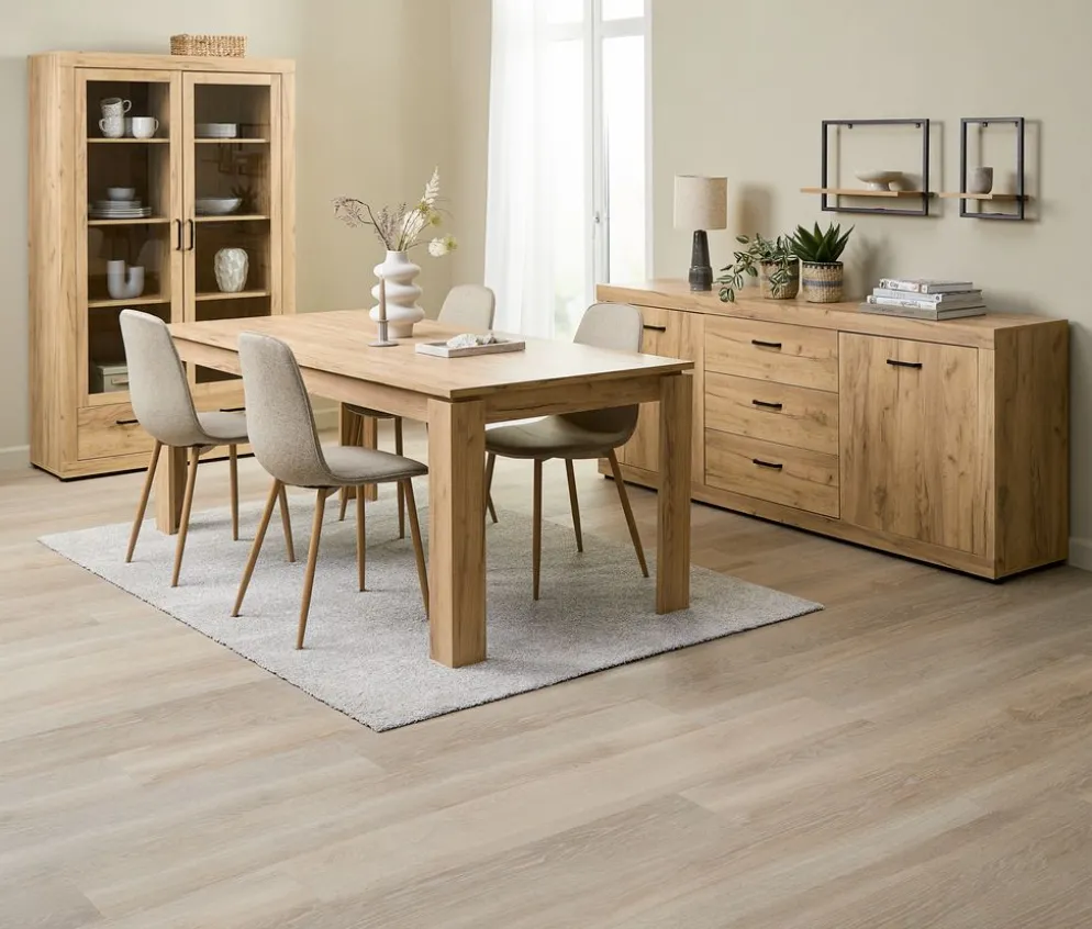 LINTRUP + BISTRUPMesa LINTRUP L190/280 roble salvaje + 4 sillas BISTRUP arena