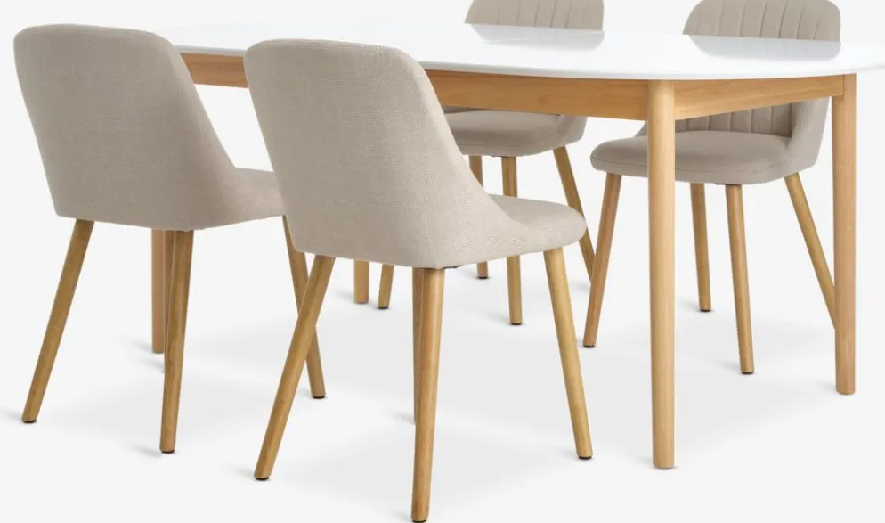 MARSTRAND + ADSLEVMesa MARSTRAND L200/280 blanco + 4 sillas ADSLEV beis