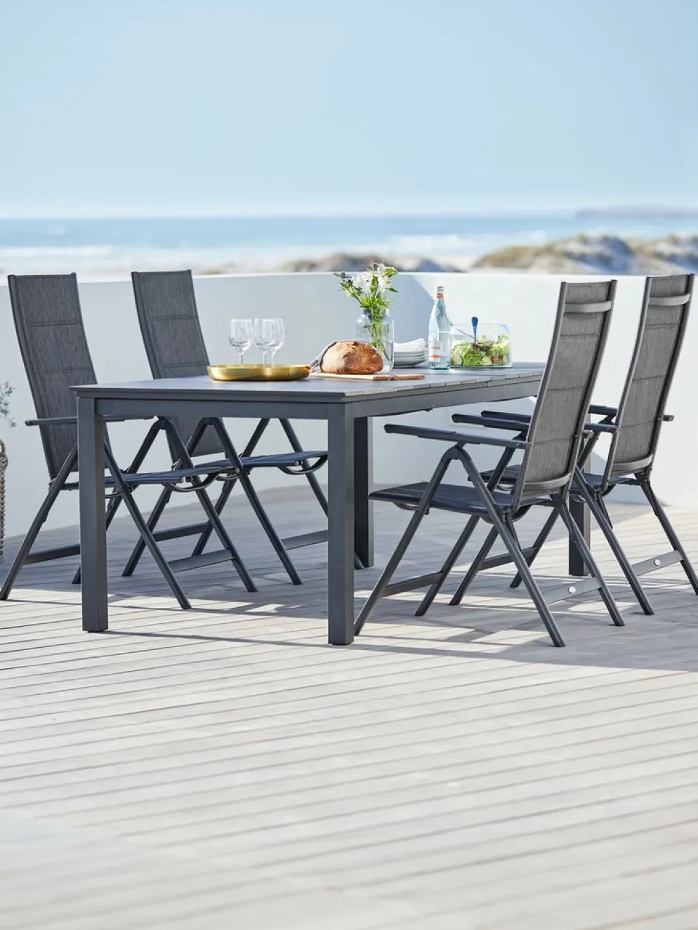 MOSS + MYSENMesa MOSS L214/315 + 4 sillas MYSEN gris