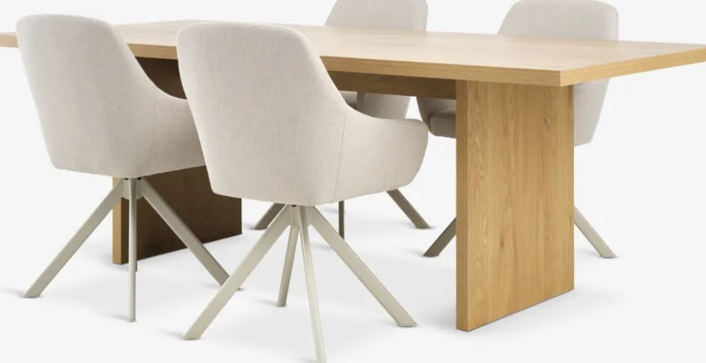 MUNKEBY + ROSTRUPMesa MUNKEBY L220 roble cálido + 4 sillas ROSTRUP beis