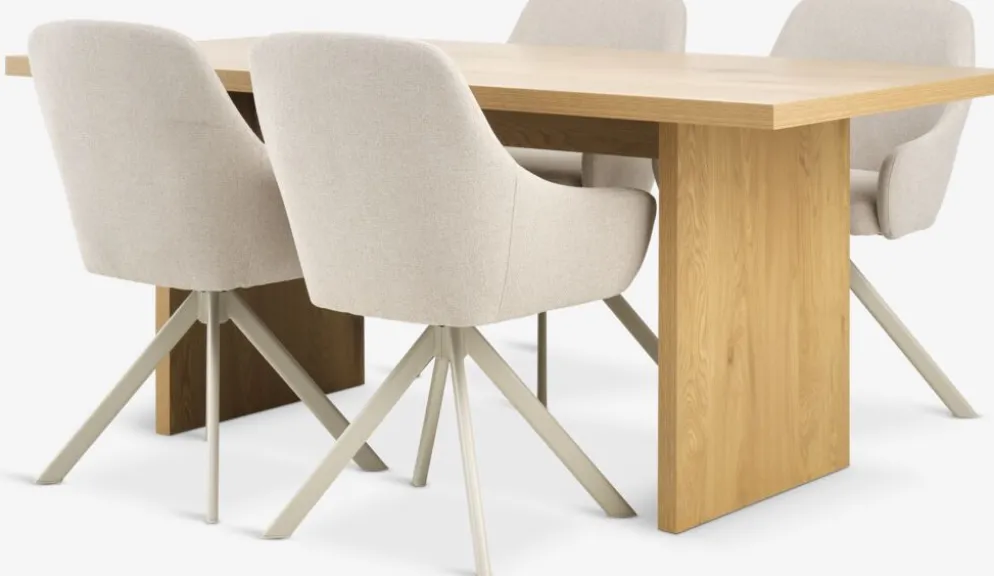 MUNKEBY + ROSTRUPMesa MUNKEBY L180 roble cálido + 4 sillas ROSTRUP beis