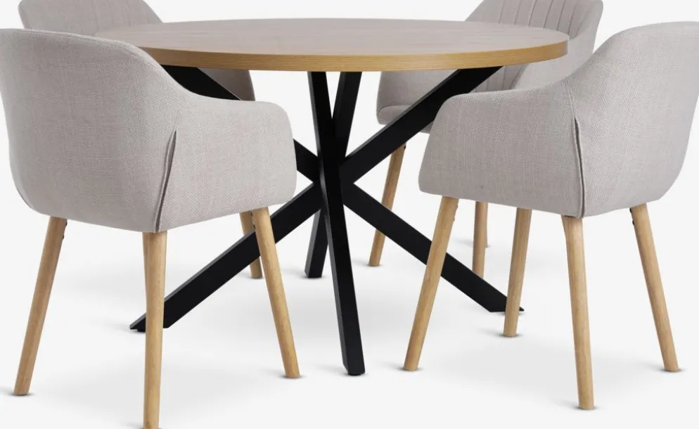 NORTOFT + ADSLEVMesa NORTOFT Ø120 roble cálido + 4 sillas ADSLEV beis
