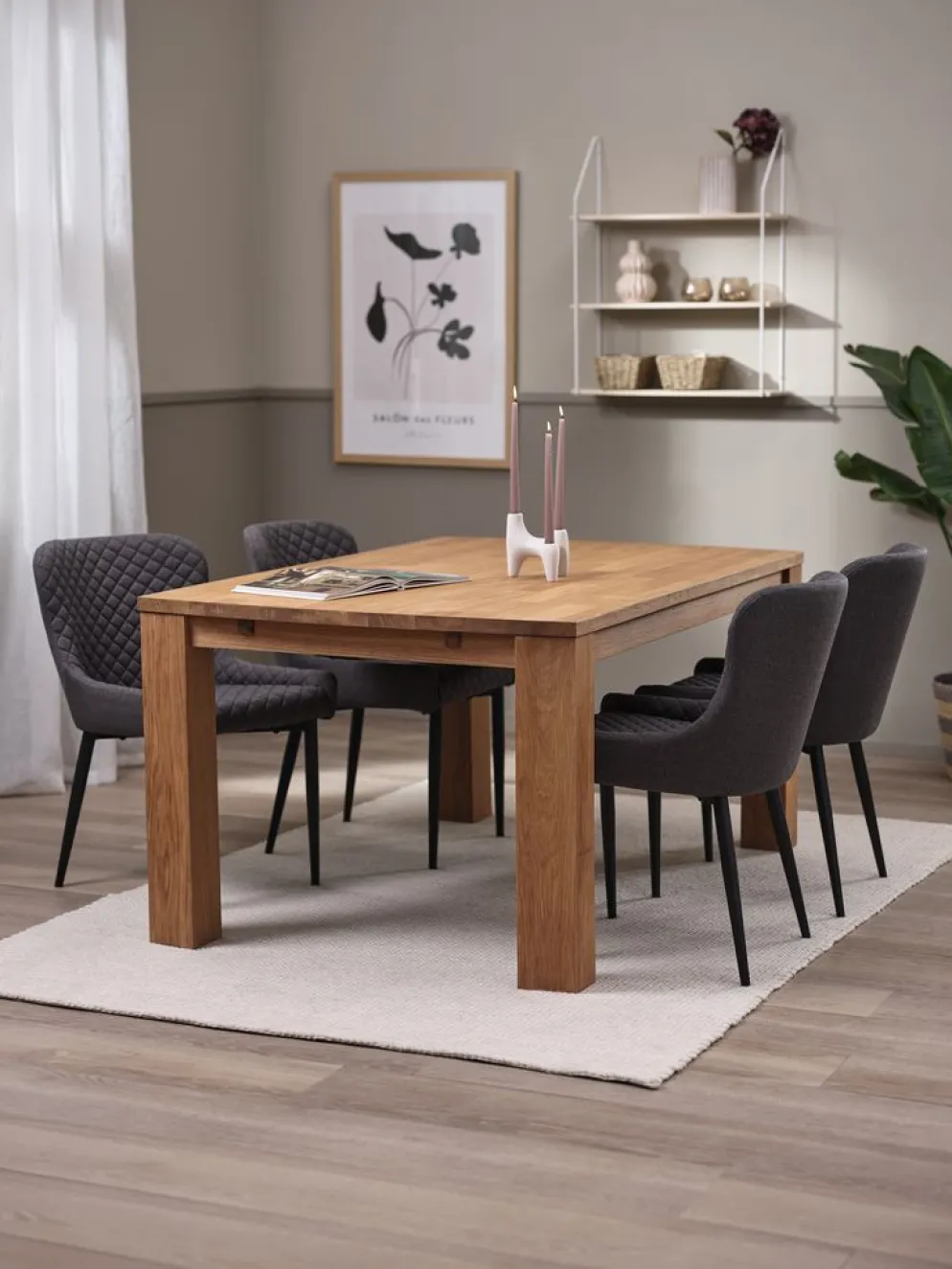 OLDE + PEBRINGEMesa OLDE L160 roble natural + 4 sillas PEBRINGE gris/negro