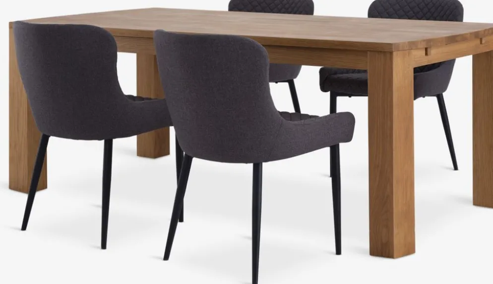 OLDE + PEBRINGEMesa OLDE L200 roble natural + 4 sillas PEBRINGE gris/negro