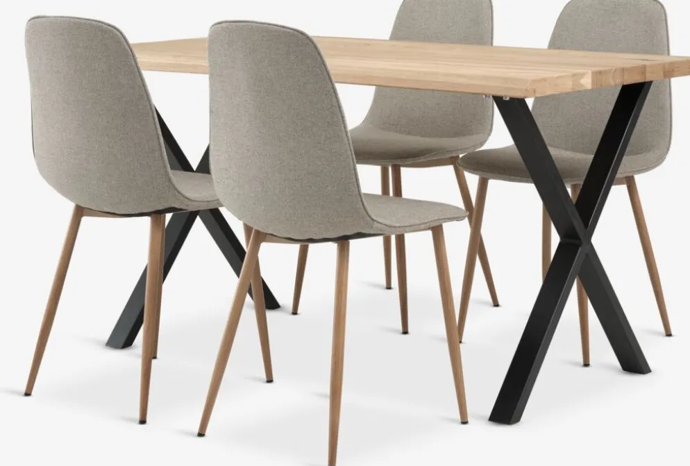 ROSLEV + BISTRUPMesa ROSLEV L140 roble natural + 4 sillas BISTRUP arena