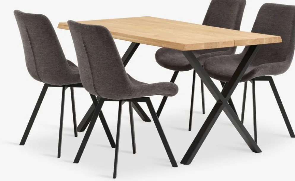 ROSLEV + HYGUMMesa ROSLEV L140 roble natural + 4 sillas HYGUM gris
