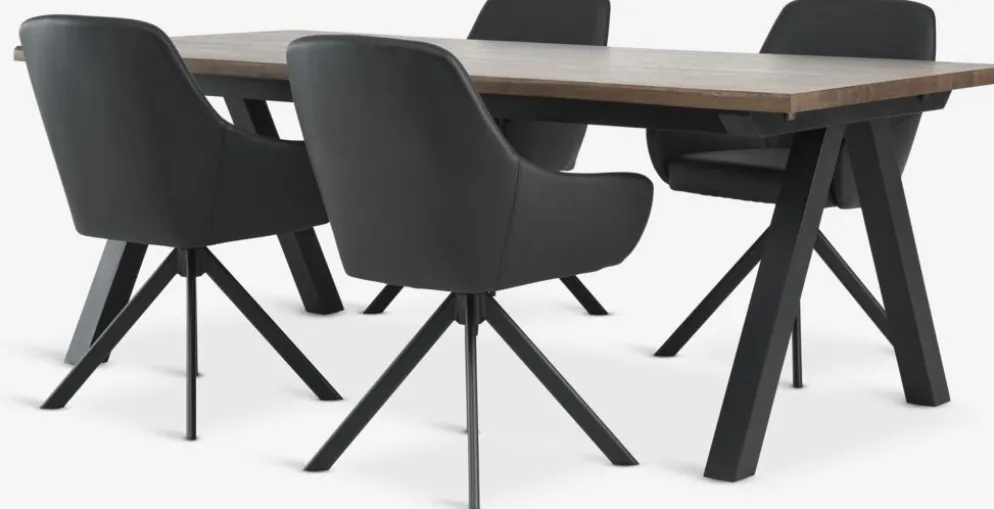 SANDBY + ROSTRUPMesa SANDBY L210 roble oscuro + 4 sillas ROSTRUP negro