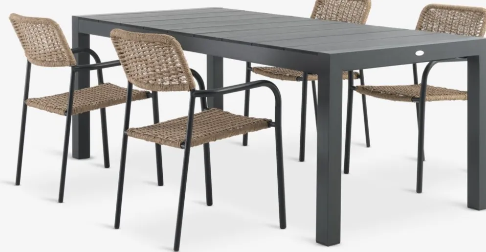 TYDAL + ORKANGERMesa TYDAL L208/272 negro + 4 sillas ORKANGER natural