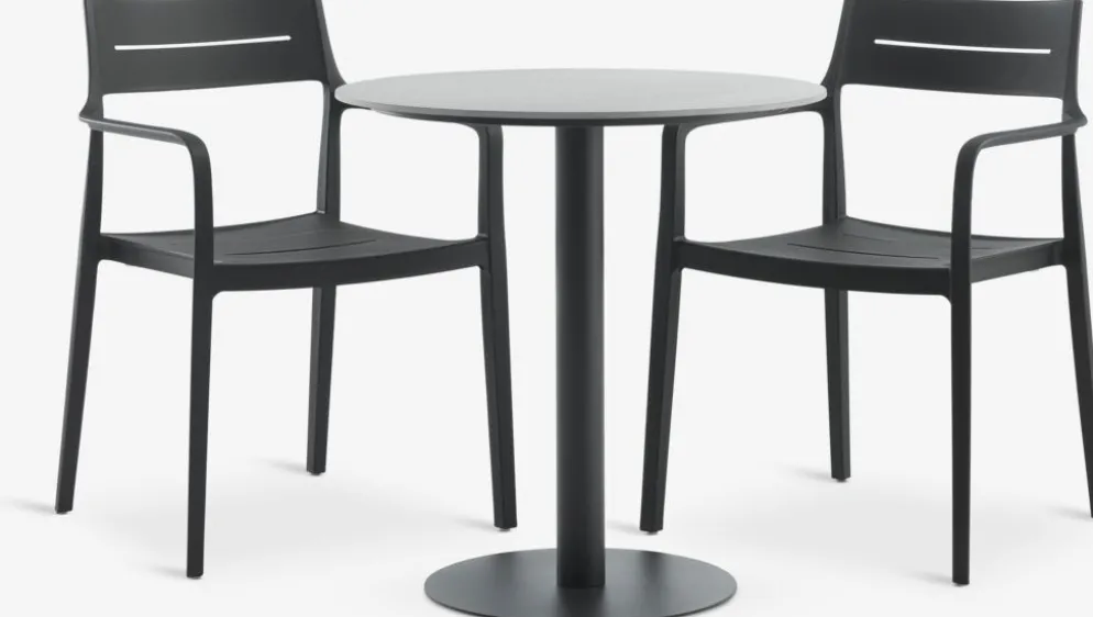 VAMDRUP + INGSTRUPMesa VAMDRUP Ø70 gris + 2 sillas INGSTRUP negro