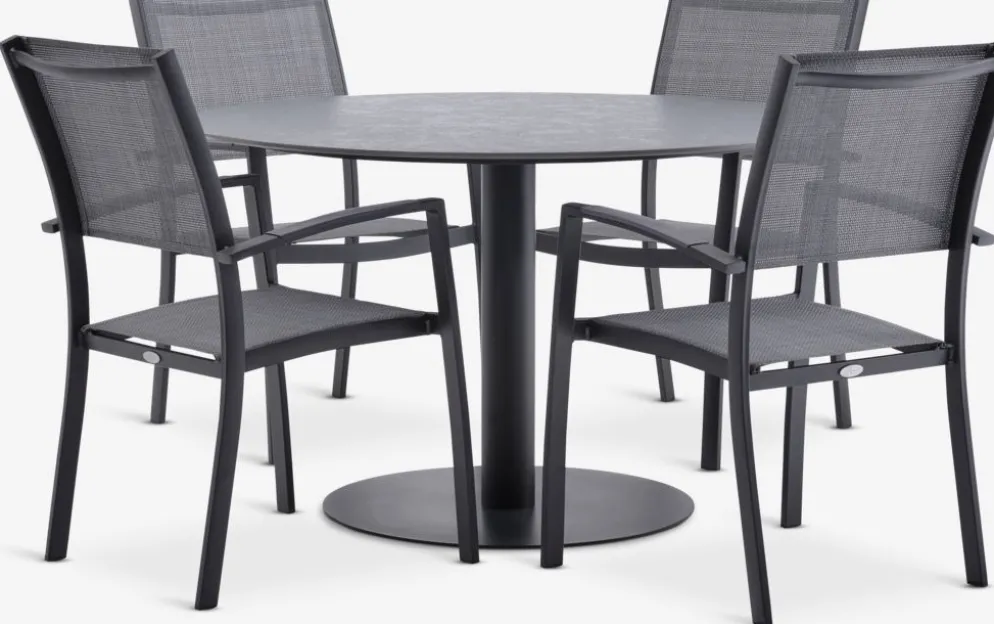 VAMDRUP + STRANDBYMesa VAMDRUP Ø120 + 4 sillas STRANDBY gris